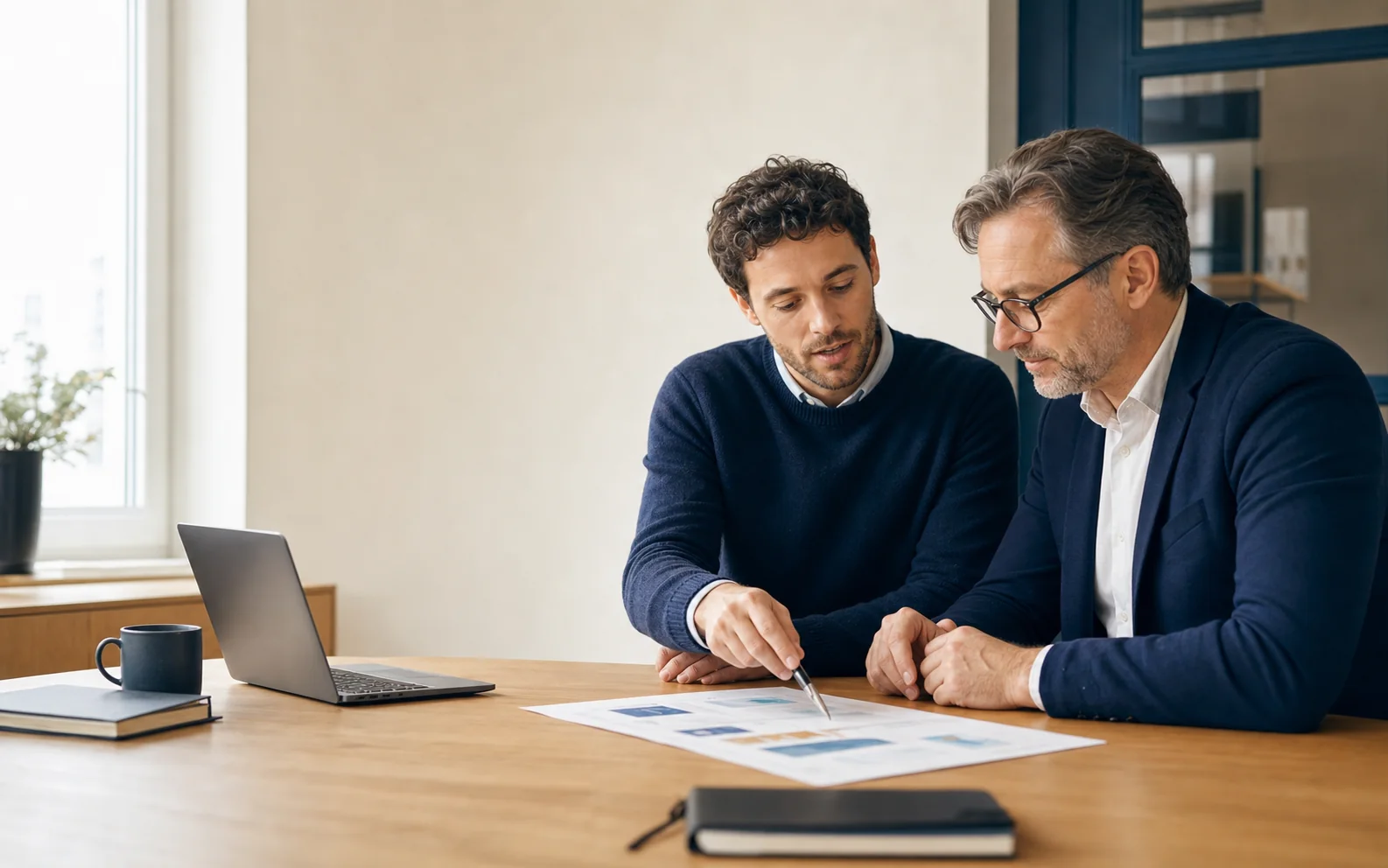 Zwei Geschäftspartner planen gemeinsam ein Bildungsangebot